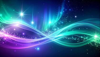 Ethereal waves of glowing turquoise and purple light create a dynamic and futuristic abstract background with sparkling cosmic particles