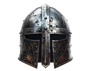 Gritty, metallic, old warrior's helmet with decorative designs