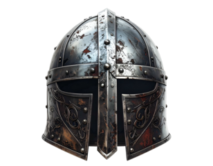 Gritty, metallic, old warrior's helmet with decorative designs