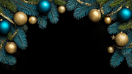 celebration blue frame with gold ornaments and fir branches, festive holiday border with blue background and baubles, winter holiday decorative frame with copy space