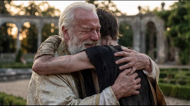 An emotional, cinematic close-up of a tearful father embracing his long-lost, ragged son, symbolizing forgiveness and unconditional love.