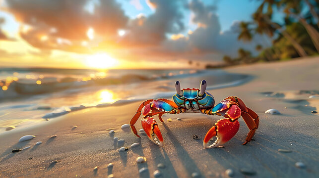 Colorful Crab on Sandy Beach at Sunset - Powered by Adobe