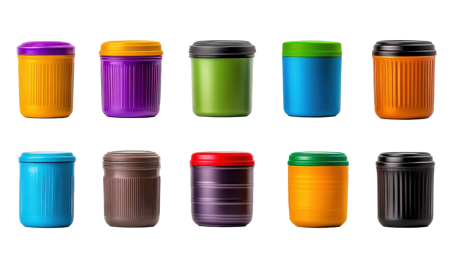 Colorful Plastic Containers on Transparent Background