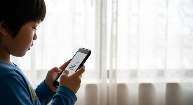 日本人の子供の金融教育、スマートフォンでグラフを見るイメージ、コピースペース