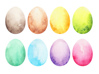 Bright watercolor Easter egg set in soft pastel colors. A playful and kid-friendly spring collection perfect for Easter crafts, classroom projects, greeting cards, and cheerful seasonal designs.