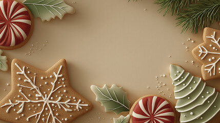Festive Gingerbread Cookies: A heartwarming collection of handcrafted gingerbread cookies and evergreen sprigs sets the scene for a joyous holiday celebration, evokes feelings of warmth.