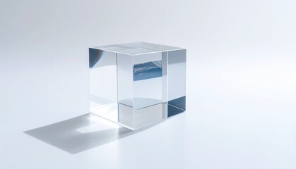 Transparent Glass Cube with Sharp Edges on Light Surface and Soft Shadow