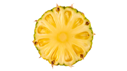 Close up view of a fresh juicy pineapple slice showing its vibrant yellow flesh and intricate pattern isolated on transparent background