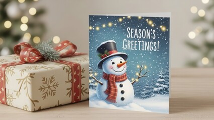 A festive holiday scene featuring a beautifully wrapped Christmas gift next to a Season's Greetings card with a happy snowman.