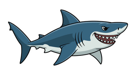 Fototapeta premium Aggressive cartoon shark vector illustration with sharp teeth and a menacing expression, isolated on white for bold ocean-themed creative design