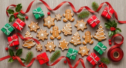 Assortment of holiday gingerbread cookies and wrapped presents arranged on a light wooden surface