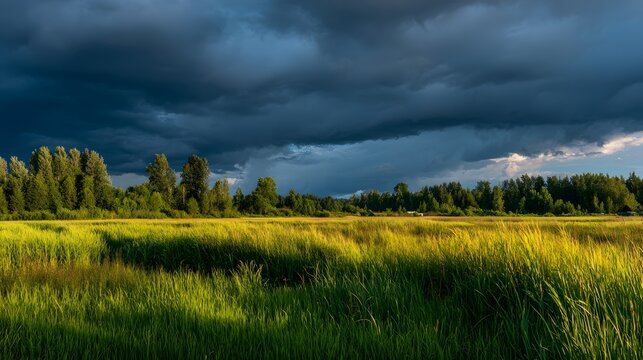 Cloudy sky over a green field landscape
