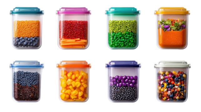 Colorful food containers with various contents