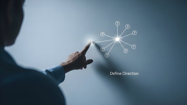 A person defines strategic direction by selecting a central point connecting to multiple uncertain options (question marks) on a virtual interface, symbolizing choice and problem-solving.