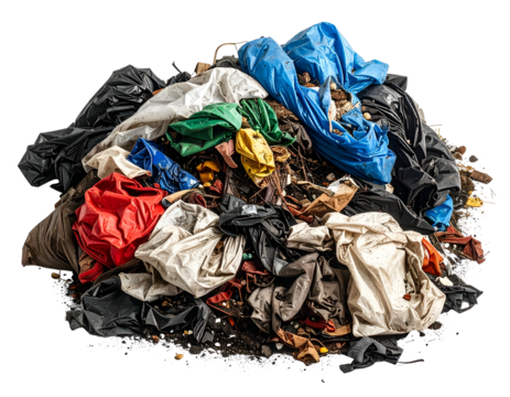 Large colorful heap of fabric waste, clothes, and general refuse