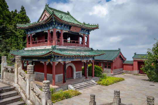 Traditional Chinese style wooden temple pagoda building at the Tianmenshan Temple located at the top of Tianmen Mountain in Zhangjiajie, Hunan, China