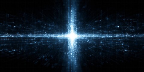 Digital information streams converge at a brilliant central point in dark space