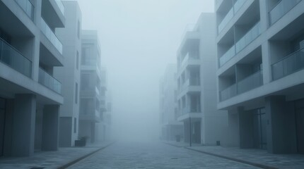 fog enveloping modern empty urban street lined with symmetrical apartment buildings in early morning
