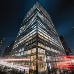 Fototapeta premium Modern glass skyscraper illuminated at night with dynamic light trails from passing cars on a wet city street. Urban architecture photography for cityscapes, business backgrounds