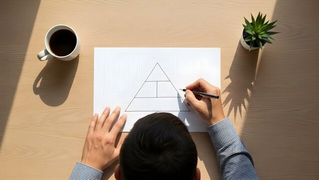 An overhead shot of a person drawing a segmented pyramid diagram on graph paper on a wooden desk. The scene, featuring coffee and a plant, conveys strategic planning, goal setting, and structural ana