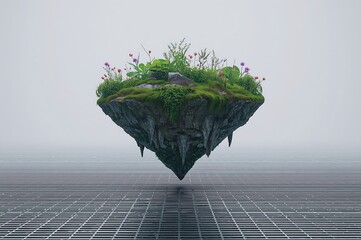 Surreal floating island with lush green vegetation suspended above a futuristic grid pattern