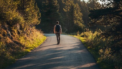Solo Hiker on Asphalt Road in Lush Forest, Backpack, Adventure Travel, Nature Scenery, Outdoor Exploration, Sunlight