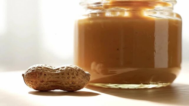 Peanut butter jar and single peanut on wooden table