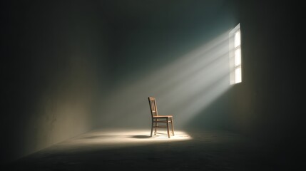 Verlassener Stuhl im leeren Raum mit Lichtstrahl
