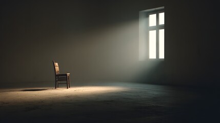 Verlassener Stuhl im leeren Raum mit Lichtstrahl
