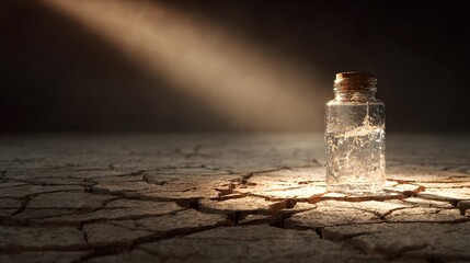 Verlorenes Glasfläschchen auf ausgetrockneter Erde
