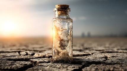 Verlorenes Glasfläschchen auf ausgetrockneter Erde
