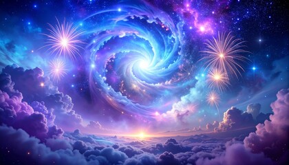 Cosmic spiral galaxy with stars and nebulae, vast universe, ethereal clouds and light