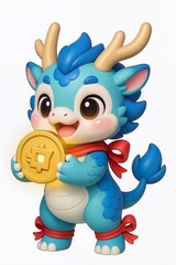 Fototapeta premium Cute chibi qilin creature with festive red ribbons, holding a glowing gold coin, joyful expression, glossy collectible figurine design, isolated on white background
