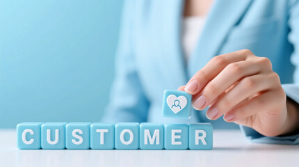 Businesswoman Success hand holding a pastel blue block with heart and user figure icon on CUSTOMER letter blocks for customer success and loyalty on soft blue pastel background