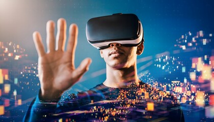 Immersive Virtual Reality Experience Person Wearing VR Headset Interacting with Digital World  VR Technology, Metaverse, Augmented Reality.