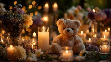 Emotional memorial scene featuring many burning candles, a small teddy bear, and bouquets of flowers set against a soft blurred background.