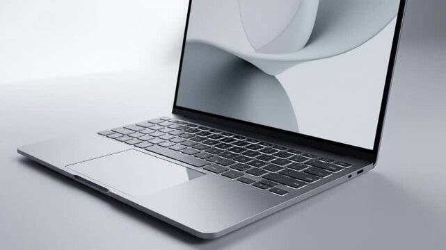 Modern Silver Laptop Computer on a White Surface, Close Up Shot.