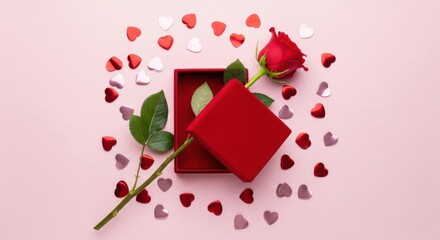 Single red rose emerges from an open square presentation container surrounded by small heart-shaped confetti on a pale surface