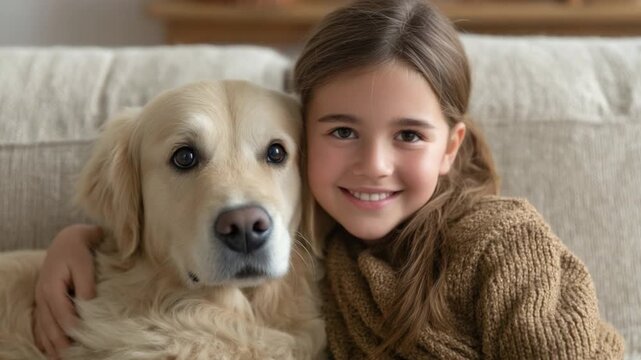 Cheerful young girl snuggling with a golden retriever dog on a cozy couch at home, expressing friendship and warmth in a living room setting 4k video footage