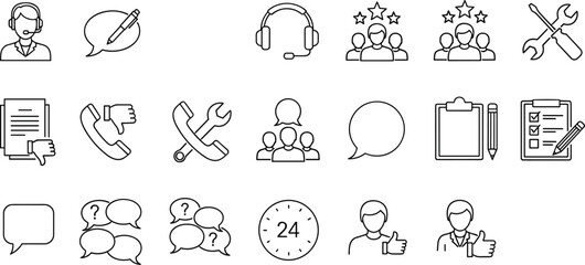 Ultimate communication, customer support, feedback, organization, technical service, and business review line icons set vector illustration