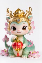 Cute chibi lotus dragon wearing golden headpiece, holding festive lantern, peaceful smiling face, glossy collectible toy style, isolated on white background