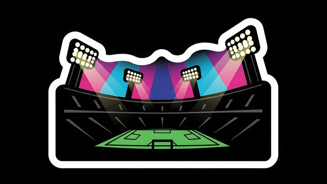 Vibrant illuminated sports stadium with a green field and bright colorful spotlights creating a dramatic atmosphere for an event - Powered by Adobe