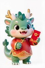 Naklejka premium Cute chibi Chinese dragon baby wearing festive gold-trimmed robe, holding red envelope, adorable expression, glossy toy figurine style, isolated on pure white background