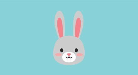 Fototapeta premium Adorable cartoon rabbit head illustration with a sweet smile and rosy cheeks, set against a cheerful light blue background.