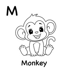 Children's coloring book with monkey pictures, line art illustrations of monkey pictures