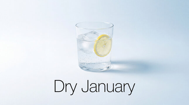 Sparkling water with citrus slice on a pastel background, with - Dry January - text symbolizing alcohol-free choices. Celebrated during January to abstain from alcohol.