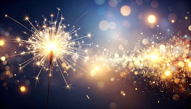 A vibrant sparkler illuminates the night with a trail of golden glitter and festive bokeh lights for a celebration - Powered by Adobe