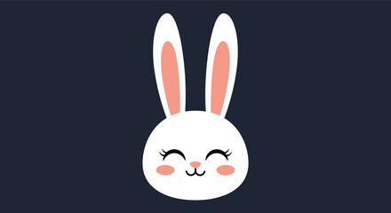 Obraz premium Cute and simple white rabbit face with long ears, eyelashes, and a happy expression on a dark background. This adorable bunny illustration is perfect for Easter greetings or minimalist nursery art.