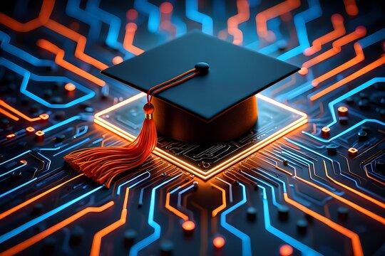 A modern graduation cap integrated with a circuit board, symbolizing digital education, AI innovation, online learning, and the future of technology-driven academic growth and intelligent career.