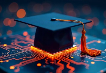 A modern graduation cap integrated with a circuit board, symbolizing digital education, AI innovation, online learning, and the future of technology-driven academic growth and intelligent career.